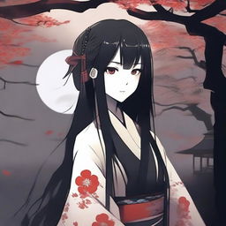 An anime girl in the style of Japanese horror games, wearing a traditional Japanese dress, with long black hair