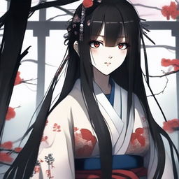 An anime girl in the style of Japanese horror games, wearing a traditional Japanese dress, with long black hair