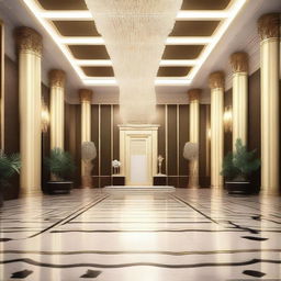 Create an interior scene of an award hall that is 4 meters high, designed in the style of modern classics