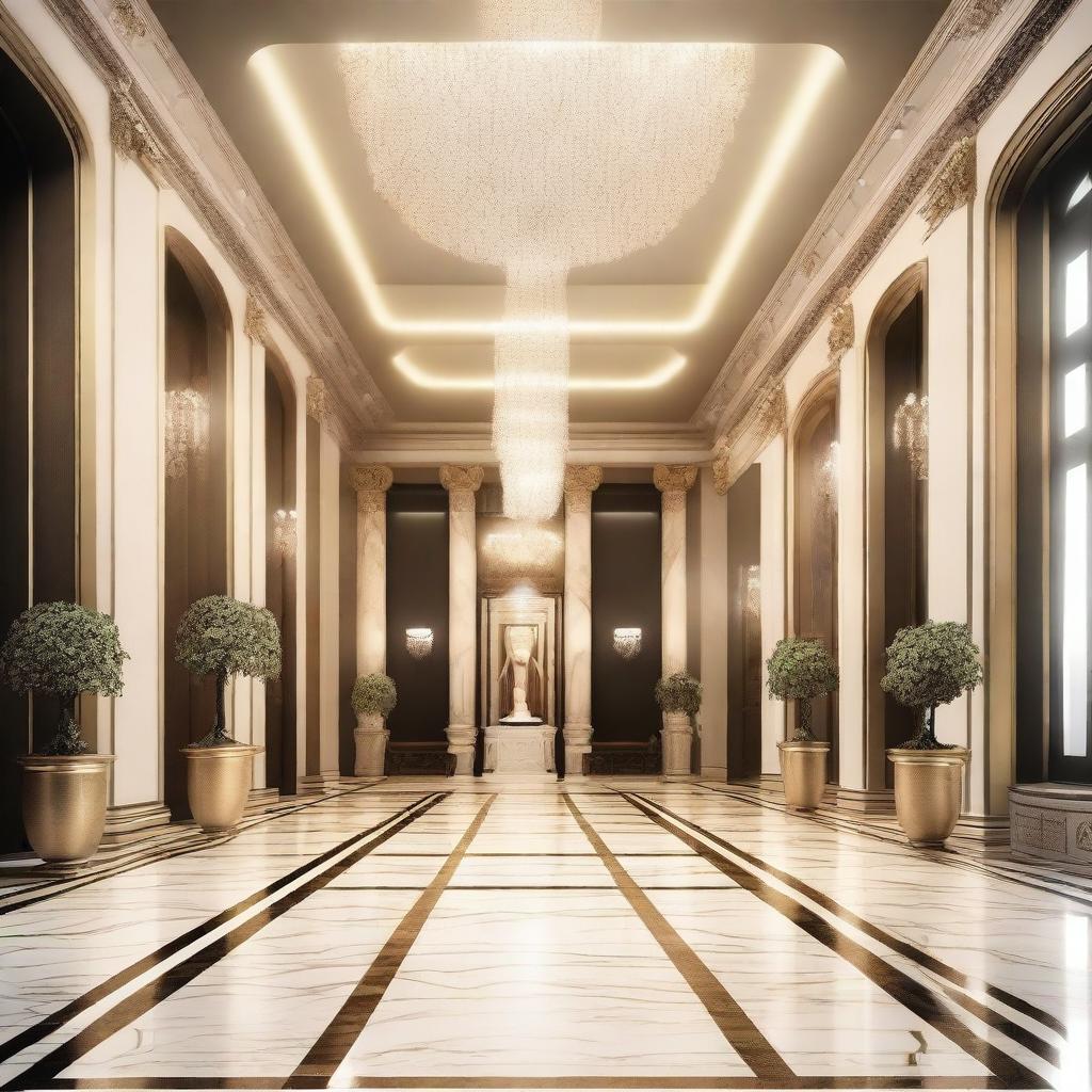 Create an interior scene of an award hall that is 4 meters high, designed in the style of modern classics