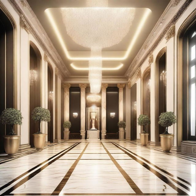 Create an interior scene of an award hall that is 4 meters high, designed in the style of modern classics