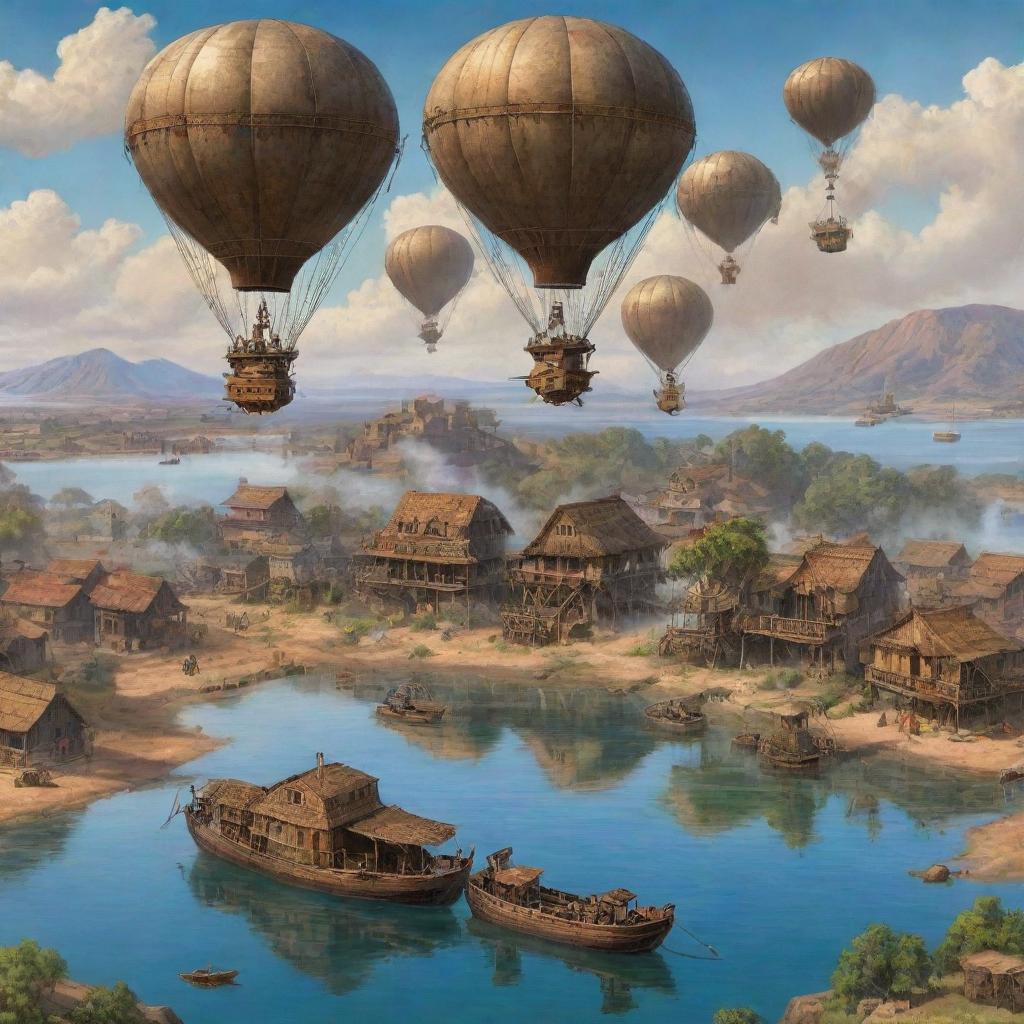 A depiction of Malawi with a steampunk vibe: traditional villages transformed by steaming contraptions, rustic gears meshing with the Lake Malawi, and airships gently floating over spectacular plateaus.