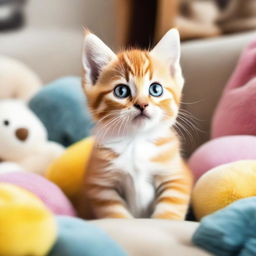 A cute and playful kitten with big, round eyes, sitting in a cozy living room filled with soft cushions and toys