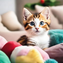 A cute and playful kitten with big, round eyes, sitting in a cozy living room filled with soft cushions and toys