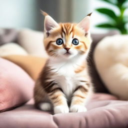 A cute and playful kitten with big, round eyes, sitting in a cozy living room filled with soft cushions and toys