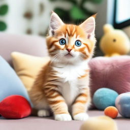 A cute and playful kitten with big, round eyes, sitting in a cozy living room filled with soft cushions and toys