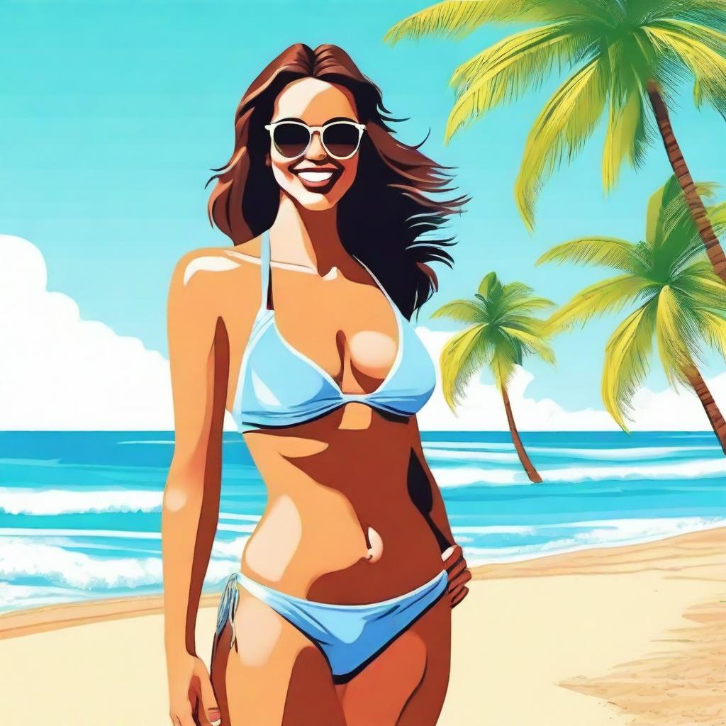 A beautiful beach scene with a person wearing a stylish bikini, enjoying the sun and the waves