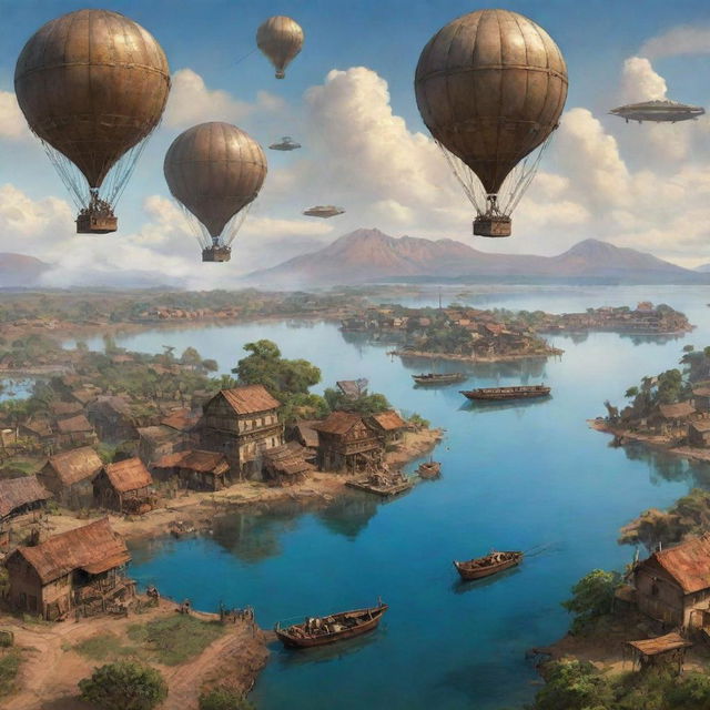 A depiction of Malawi with a steampunk vibe: traditional villages transformed by steaming contraptions, rustic gears meshing with the Lake Malawi, and airships gently floating over spectacular plateaus.