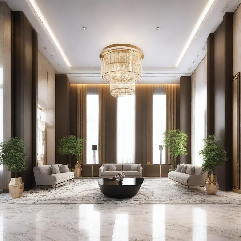 Create an interior scene of a lobby that is 4 meters high, designed in the style of modern classics