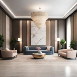 Create an interior scene of a lobby that is 4 meters high, designed in the style of modern classics