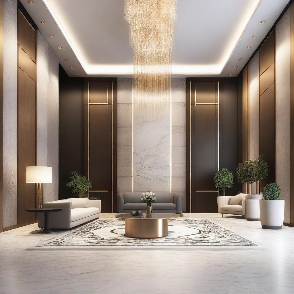 Create an interior scene of a lobby that is 4 meters high, designed in the style of modern classics