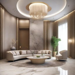 Create an interior scene of a lobby that is 4 meters high, designed in the style of modern classics