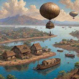 A depiction of Malawi with a steampunk vibe: traditional villages transformed by steaming contraptions, rustic gears meshing with the Lake Malawi, and airships gently floating over spectacular plateaus.