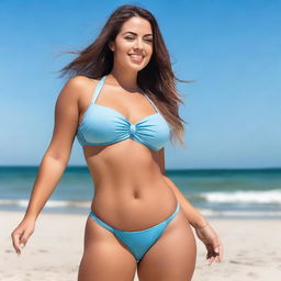 A woman wearing a sexy bikini, posing confidently on a sunny beach with clear blue skies and gentle waves in the background