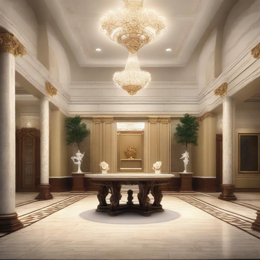 Create an interior scene of a museum lobby that is 4 meters high, designed in the style of modern classics