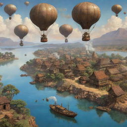 A depiction of Malawi with a steampunk vibe: traditional villages transformed by steaming contraptions, rustic gears meshing with the Lake Malawi, and airships gently floating over spectacular plateaus.