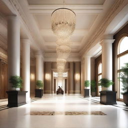 Create an interior scene of a museum lobby that is 4 meters high, designed in the style of modern classics