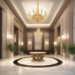 Create an interior scene of a museum lobby that is 4 meters high, designed in the style of modern classics