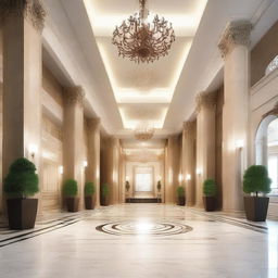 Create an interior scene of a museum lobby that is 4 meters high, designed in the style of modern classics