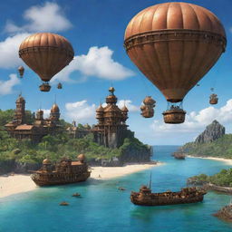 An enchanting portrayal of Mauritius with a steampunk aesthetic, displaying its tropical landscapes and beach resorts intermingled with Victorian-era machinery, copper-clad structures, and an armada of elegant airships in the blue skies above.