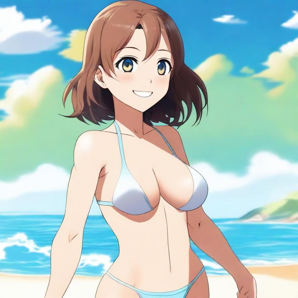 A character named Chara wearing a bikini, standing on a beach with the ocean in the background