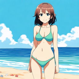 A character named Chara wearing a bikini, standing on a beach with the ocean in the background