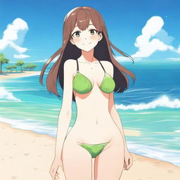 A character named Chara wearing a bikini, standing on a beach with the ocean in the background