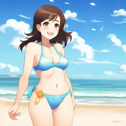 A character named Chara wearing a bikini, standing on a beach with the ocean in the background