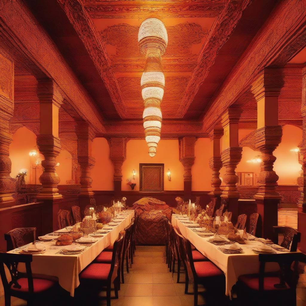 A vibrant and welcoming scene of a traditional Hindu hotel, with intricate decorations, warm lighting, and people enjoying their meals