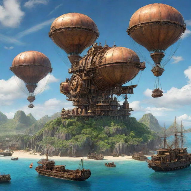 An enchanting portrayal of Mauritius with a steampunk aesthetic, displaying its tropical landscapes and beach resorts intermingled with Victorian-era machinery, copper-clad structures, and an armada of elegant airships in the blue skies above.