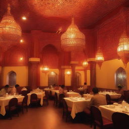 A vibrant and welcoming scene of a traditional Hindu hotel, with intricate decorations, warm lighting, and people enjoying their meals