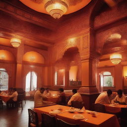 A vibrant and welcoming scene of a traditional Hindu hotel, with intricate decorations, warm lighting, and people enjoying their meals