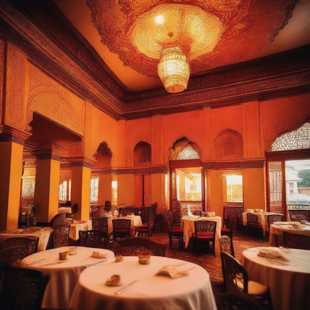 A vibrant and welcoming scene of a traditional Hindu hotel, with intricate decorations, warm lighting, and people enjoying their meals