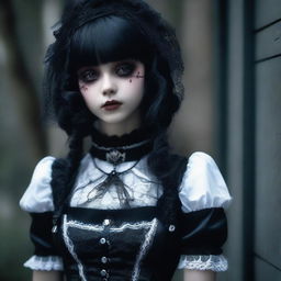 A young woman dressed as a horror game protagonist, blending elements of coquette and dollcore fashion