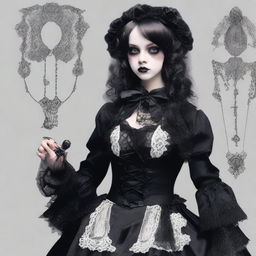 A young woman dressed as a horror game protagonist, blending elements of coquette and dollcore fashion