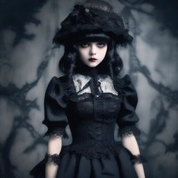 A young woman dressed as a horror game protagonist, blending elements of coquette and dollcore fashion