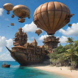 An enchanting portrayal of Mauritius with a steampunk aesthetic, displaying its tropical landscapes and beach resorts intermingled with Victorian-era machinery, copper-clad structures, and an armada of elegant airships in the blue skies above.