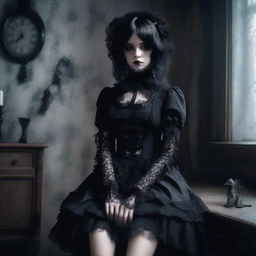 A young woman dressed as a horror game protagonist, blending elements of coquette and dollcore fashion