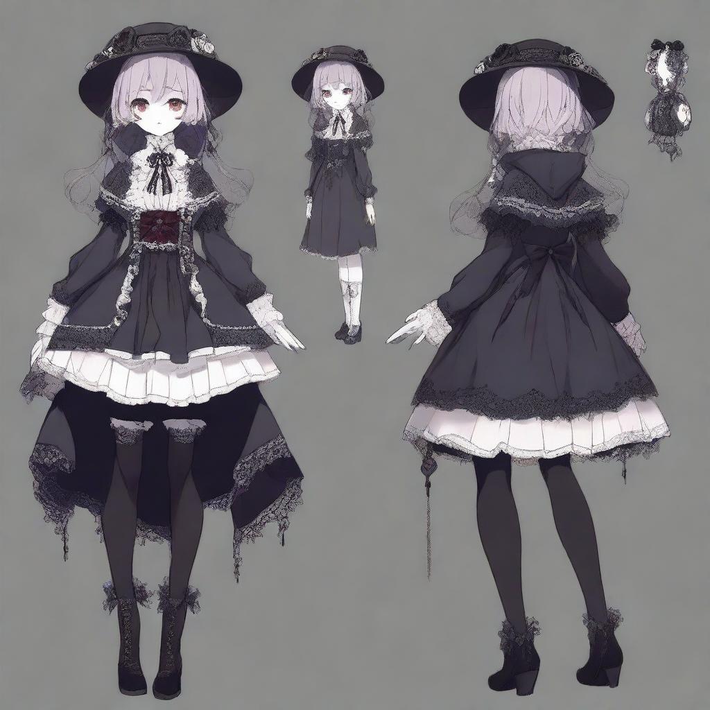 A full-body character design of a horror game protagonist in a dark coquette anime style