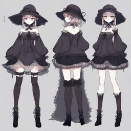 A full-body character design of a horror game protagonist in a dark coquette anime style