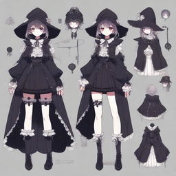 A full-body character design of a horror game protagonist in a dark coquette anime style