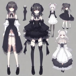 A full-body character design of a horror game protagonist in a dark coquette anime style