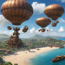 An enchanting portrayal of Mauritius with a steampunk aesthetic, displaying its tropical landscapes and beach resorts intermingled with Victorian-era machinery, copper-clad structures, and an armada of elegant airships in the blue skies above.