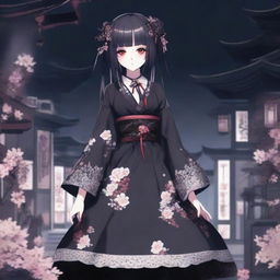 A horror game protagonist in a dark coquette dollcore outfit, depicted as an anime girl in a Japanese dress