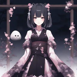 A horror game protagonist in a dark coquette dollcore outfit, depicted as an anime girl in a Japanese dress