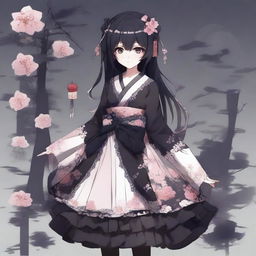 A horror game protagonist in a dark coquette dollcore outfit, depicted as an anime girl in a Japanese dress