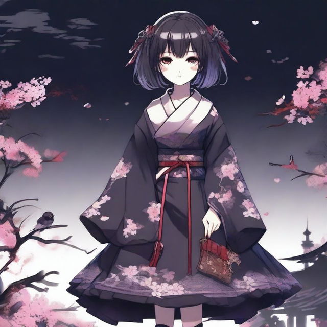 A horror game protagonist in a dark coquette dollcore outfit, depicted as an anime girl in a Japanese dress