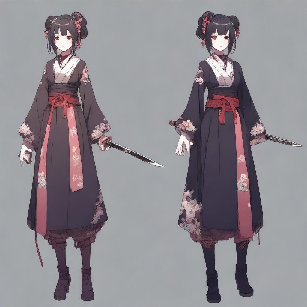 A full-body character design of a horror game protagonist with a dark coquette anime girl aesthetic