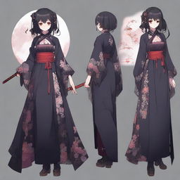 A full-body character design of a horror game protagonist with a dark coquette anime girl aesthetic