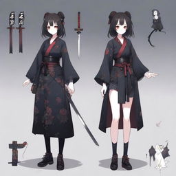 A full-body character design of a horror game protagonist with a dark coquette anime girl aesthetic